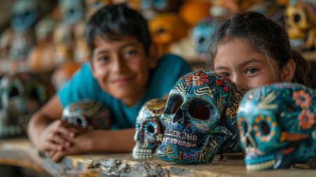 Dia de los Muerto, Mexican holiday. family creating and decorating face masks and skulls together, their shared creativity and enthusiasm reflecting the spirit of the holiday.の素材