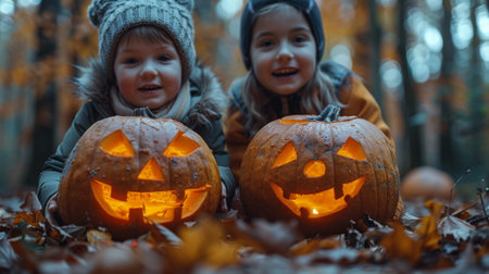 Halloween, spookiest day of year. Family carving pumpkins together on Halloween night, cute children and mother creating jack o' lanterns for party's decorations, autumn home decoration activityの素材