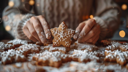 Winter season. Woman making gingerbread cookies for Christmasの素材
