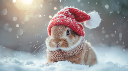 Winter season. Little tiny bunny dressed up as Santa Claus on snowingの素材