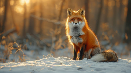 Winter season. A red fluffy fox with black paws sits against the background of a winter forest , morning lightの素材