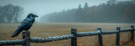 A raven sits on a fence on a gloomy winter day against a stormy sky. Countryside, fields, forest on the horizon. mystical forest. gothic aesthetic.の素材