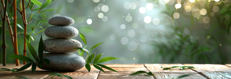 Photo of A stack of stones and bamboo leaves on wooden table against light green background with copy space, spa concept for relaxation time, wellness or healthy lifestyleの素材