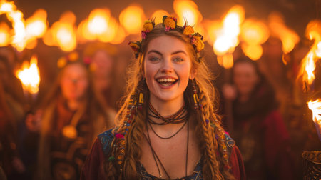 woman and vibrant colors and energetic rhythms of the Up Helly Aa Viking fire festival in Shetland, Scotland, surrounded by torches and traditional Viking attireの素材