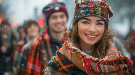 Scottish Hogmanay Festival. Many people don traditional Scottish attire, such as kilts and tartan scarves, embracing the cultural spirit of the occasion and adding a splash of color to the festivities.の素材