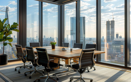 Modern business meeting room interior with a glass wall and city view. Professional office with a conference table for employees in the style of a skyscraper.の素材