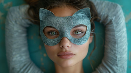 quadrobics. ,Photo of an attractive woman with dark hair wearing cat mask, lying on the floor, teal background, facing cameraの素材