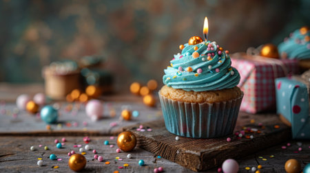 Happy birthday. A cupcake with turquoise frosting and one single candle, sitting on an old wooden table next to confetti-covered giftsの素材