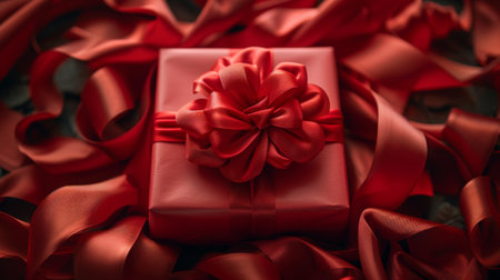 Happy birthday. red gift box surrounded by ribbons, creating abstract background with a top-down perspective. The ribbons form soft curves and shapes around the giftbox, adding depth to composition.の素材