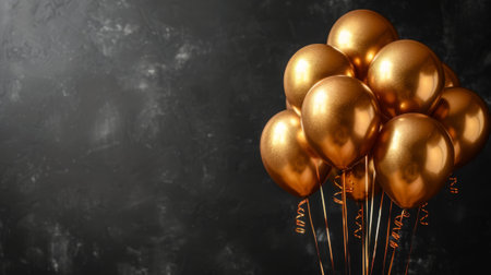 Happy birthday. Black background with golden balloons, a golden balloon bouquet on the left side of the picture, in a minimalist style, space for text in the center of the compositionの素材