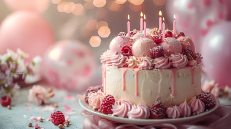 Happy birthday. A beautiful birthday background with balloons, cake and candles, pastel colors, pink and peach, soft light, blurred background, high resolutionの素材