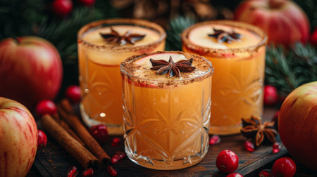 Autumn or fall season. apple cider cocktail with cinnamon and apple traditional autumn and winter drinkの素材