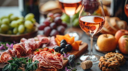 Autumn or fall season. photo of friends gathering at home, hands reaching for wine glasses on the table with charcuterie board and pastries, soft focus, warm light, rose whine in glassの素材