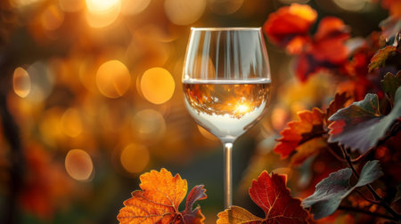 Autumn or fall season. White wine in wineglass near grapevine with red and yellow leaves on vineyard at bright sunlight on nice autumn day closeup.の素材