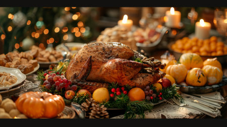 Winter season. Christmas Dinner table full of food with a turkey on itの素材