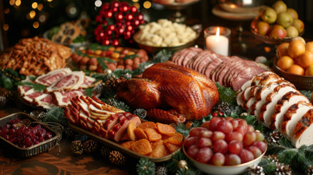 Winter season. Christmas Dinner table full of food with a turkey on itの素材