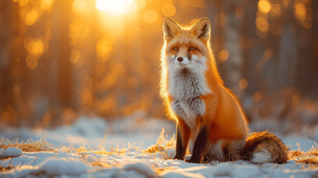 Winter season. A red fluffy fox with black paws sits against the background of a winter forest , sunset lightの素材