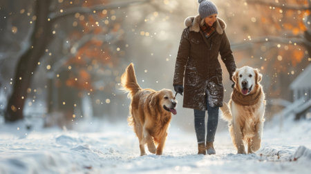 Winter season. Happy family walking their pet golden retriever in the winter forest outdoors. Active Christmas holidays.の素材