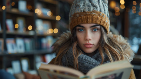 Winter season. Cozy image of a concentrated young woman reading a book with twinkling fairy lights in the backgroundの素材