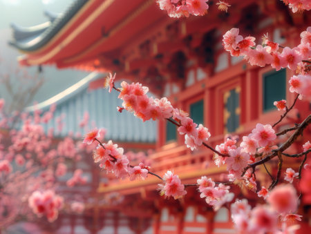 Cherry blossom tree in full bloom. Background asian temple. Japan Beautiful viewの素材