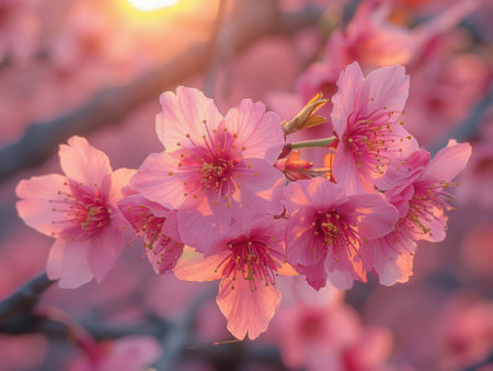 Sunset, peach blossoms blooming on the branches, with sunlight shining through them and creating beautiful light spots in front of it.の素材