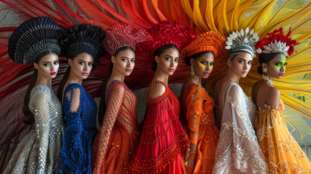 Rio Carnival in Brazil. women in fashion collection of traditional Spanish costume inspired by the colors, intricate patterns, and cultural symbolism of Rio Carnivalの素材
