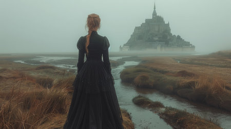 Autumn or fall season. A beautiful young woman like Victorian Lady in a long autumn black dress in cloudy fall day, elegance and style. foggy background of France seacoast in Mont Saint Michel Islandの素材