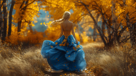 Autumn or fall season. fantasy woman walking in autumn forest. an elegant blue dress fluttered in the wind. facelessの素材