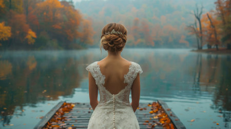 Autumn or fall season .A stunning bride in a beautiful white dress stands serenely amidst a peaceful lake surrounded by lush trees, embodying the essence of fashion and grace,の素材