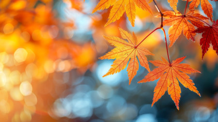 Autumn or fall season. autumn season and end year activity with red and yellow maple leaves with soft focus light and bokeh backgroundの素材