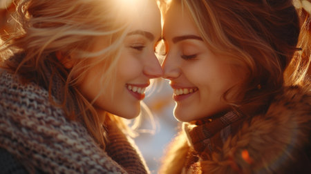 Autumn or fall season. happy lesbian couple in love girlfriends hugging smiling and kissing in nature at sunset autumn season romantic scene between two lovers together female tenderness.の素材