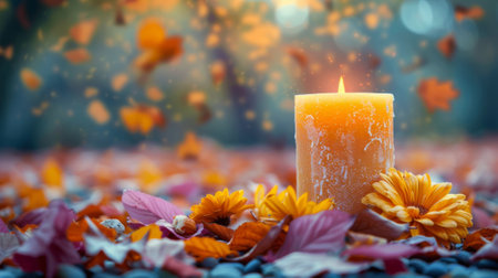Autumn or fall season. Candles and dried flowers used for rustic interior decor.の素材