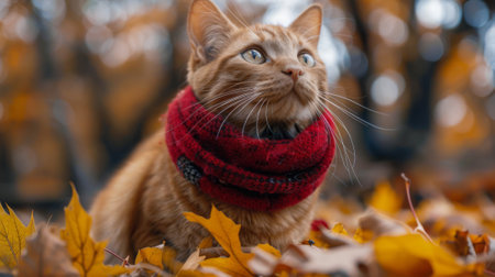 Autumn or fall season. Cute pet ginger cat in beautiful autumn leaves. romantic autumn mood. cat accessories, red bandana, scarfの素材