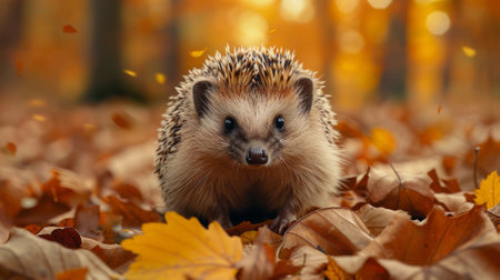 Autumn or fall season. Young hedgehog among autumn leaves in the forest.の素材
