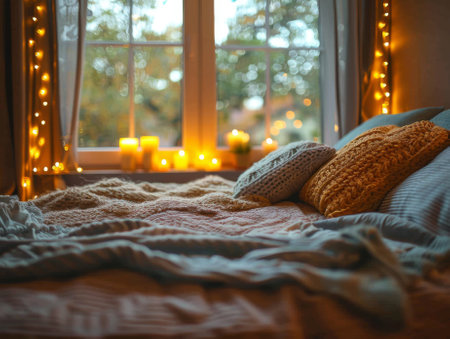 bedroom cozy with lights and candles in evening time, nobody.の素材
