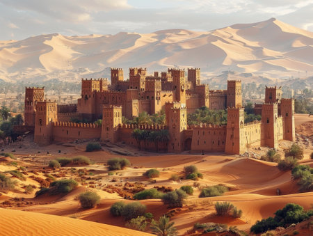 old Arab fortified city. in the background, a sandy desert with dunes rises above itの素材