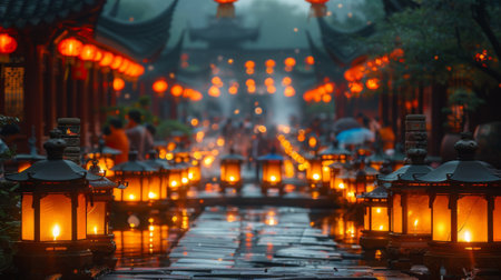 traditional lantern festival in China, surrounded by glowing lanterns and festive music.の素材