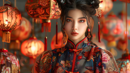 Chinese Lantern Festival. woman in fashion collection of clothing and accessories inspired by the vibrant colors, intricate designs, and cultural symbolism of the Lantern Festival.の素材