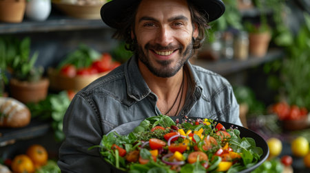 Healthy Lifestyle. The Nourishing Choices. A man eating salad, nutritious food choices and mindful eating habits concept.の素材