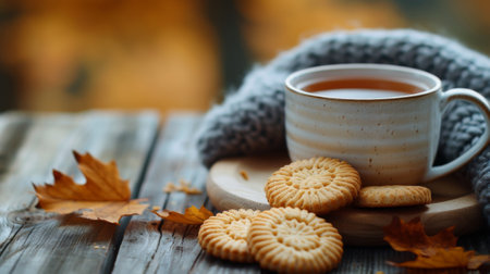 Autumn or fall season. Autumn or winter season home comfort hygge concept with tea biscuits and a cozy sweater on a wooden tableの素材