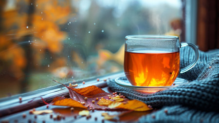 Autumn or fall season. Cup of aromatic tea with warm plaid and autumn leaves on windowsillの素材