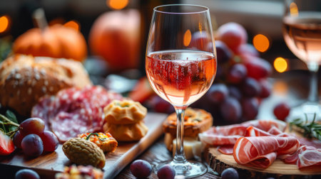 Autumn or fall season. photo of friends gathering at home, hands reaching for wine glasses on the table with charcuterie board and pastries, soft focus, warm light, rose whine in glassの素材