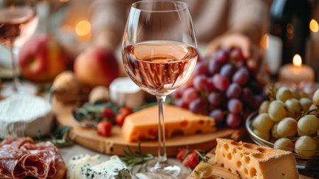 Autumn or fall season. table with wine glasses and food, hands reaching for glass of rose wine, cheese board on table, warm light, pastel colors, home interiorの素材