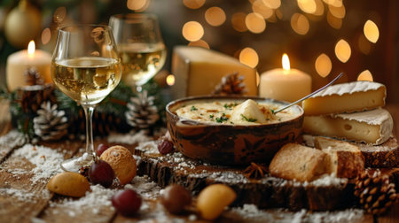 Winter season. Gourmet Swiss fondue dinner on a winter evening with assorted cheeses on a board alongside a heated pot of cheese fondue with two forks dipping bread and white wineの素材