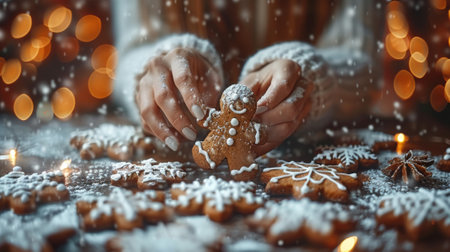 Winter season. Woman making gingerbread cookies for Christmasの素材