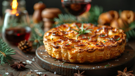 Winter season. Close up of delicious homemade pastry with crystal glass of wine set on dining table decorated by fir tree branches on Christmas, copy spaceの素材