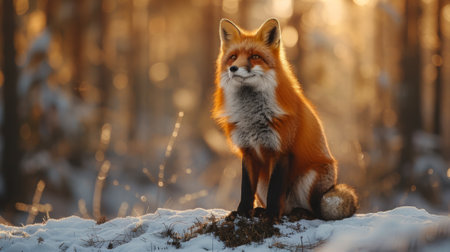 Winter season. A red fluffy fox with black paws sits against the background of a winter forest , morning lightの素材
