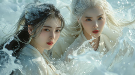Winter season. A portrait of young woman with long white hair and white kimono on flowing ice background, fantasy or magic concept. A whimsical winter wonderlandの素材