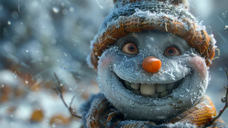 Winter season. he Legendary Winter Creatures. A cheerful snowfolk with a carrot nose, a coal mouth, and a wide, toothy grin, exuding the warmth and joy of the winter season.の素材