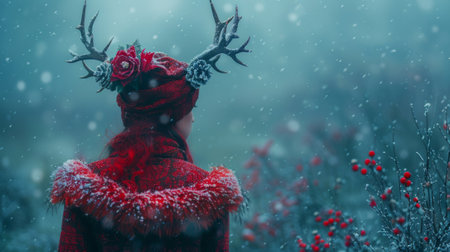 Winter season. Misty landscape. Enchanting woman with antler crown in snowy forest. Winter fantasy concept. Pagan Christmas, New Year and Yule celebration.の素材